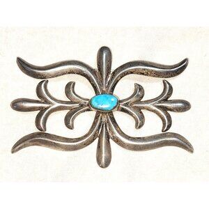 Vintage NATIVE AMERICAN Handmade Turquoise Sandcast Sterling Silver Pin Brooch